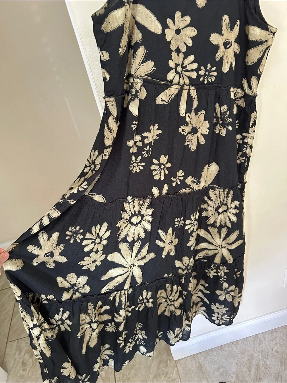 Natural life Adele Cotton black cream boho floral Maxi Dress M